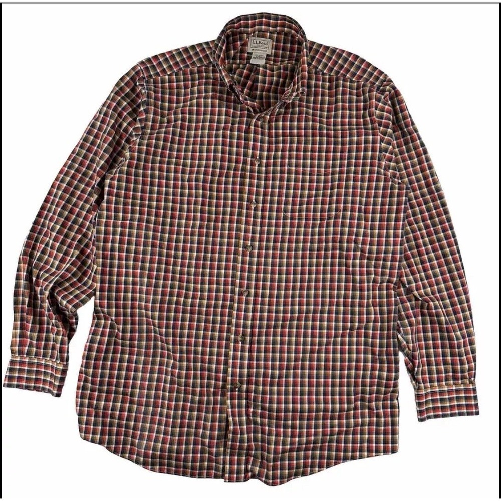 LL‎ Bean Plaid Sport Shirt Men Large TALL LT Black Orange Cotton Traditional Fit - Picture 2 of 10